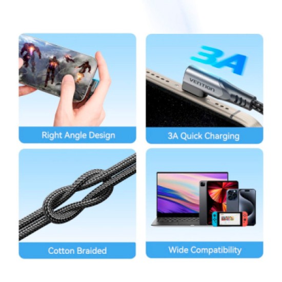 Дата кабель USB-C to USB-C 0.5m USB2.0 60W (20V/3A) angle 90° Gray Aluminum Alloy Vention (TRAHD) Дата кабель USB-C to USB-C 0.5m USB2.0 60W (20V/3A) angle 90° Gray Aluminum Alloy Vention (TRAHD)