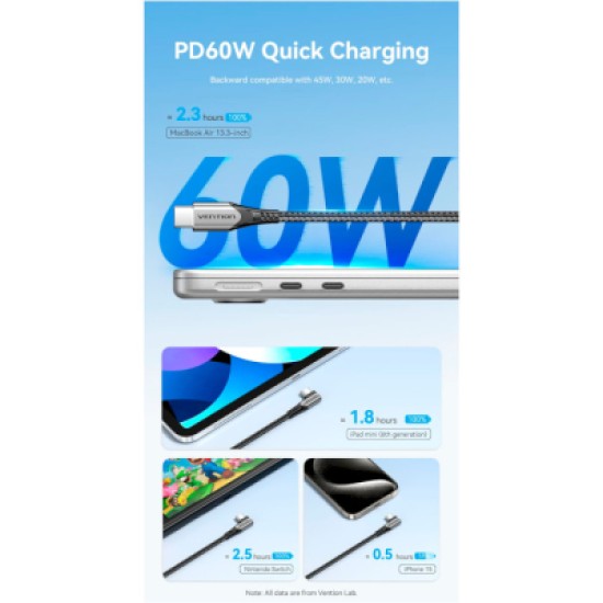 Дата кабель USB-C to USB-C 0.5m USB2.0 60W (20V/3A) angle 90° Gray Aluminum Alloy Vention (TRAHD) Дата кабель USB-C to USB-C 0.5m USB2.0 60W (20V/3A) angle 90° Gray Aluminum Alloy Vention (TRAHD)