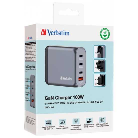 Зарядний пристрій Verbatim GaN 100 W 4 ports (2xUSB-C-100 W,USB-C 65 W /USB-A -3.0) (32202) Зарядний пристрій Verbatim GaN 100 W 4 ports (2xUSB-C-100 W,USB-C 65 W /USB-A -3.0) (32202)