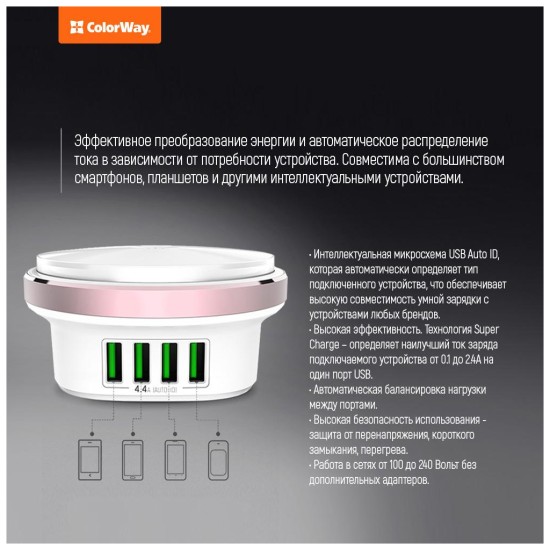 Зарядний пристрій ColorWay 4*USB 4.4А + LED лампа 310 Lm (CW-CHL44A) Зарядний пристрій ColorWay 4*USB 4.4А + LED лампа 310 Lm (CW-CHL44A)