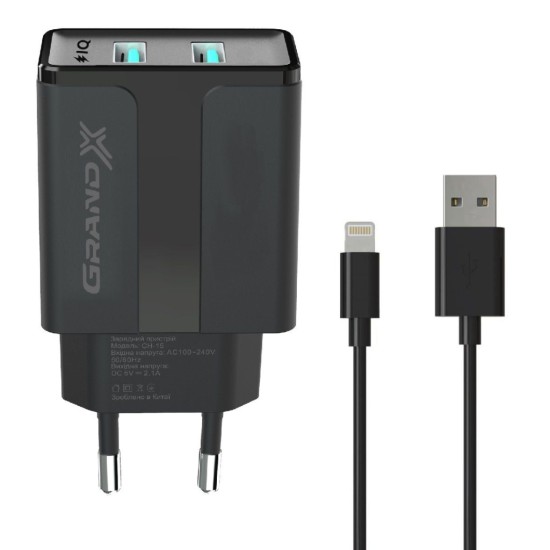 Зарядний пристрій Grand-X 5V 2,1A Black + cable USB-Lightning (CH15LTB) Зарядний пристрій Grand-X 5V 2,1A Black + cable USB-Lightning (CH15LTB)
