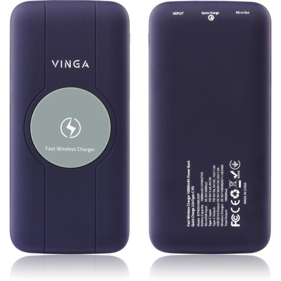 Батарея універсальна Vinga 10000 mAh Wireless QC3.0 PD soft touch purple (BTPB3510WLROP) Батарея універсальна Vinga 10000 mAh Wireless QC3.0 PD soft touch purple (BTPB3510WLROP)