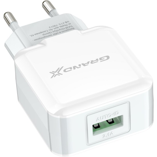 Зарядний пристрій Grand-X USB 5V 2,1A White + cable USB -> micro USB, Cu (CH-03UMW) Зарядний пристрій Grand-X USB 5V 2,1A White + cable USB -> micro USB, Cu (CH-03UMW)