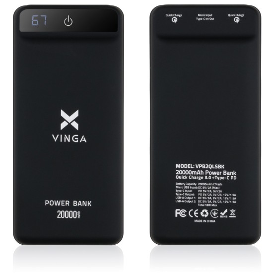 Батарея универсальная Vinga 20000 mAh QC3.0 Display soft touch black (VPB2QLSBK) Батарея универсальная Vinga 20000 mAh QC3.0 Display soft touch black (VPB2QLSBK)