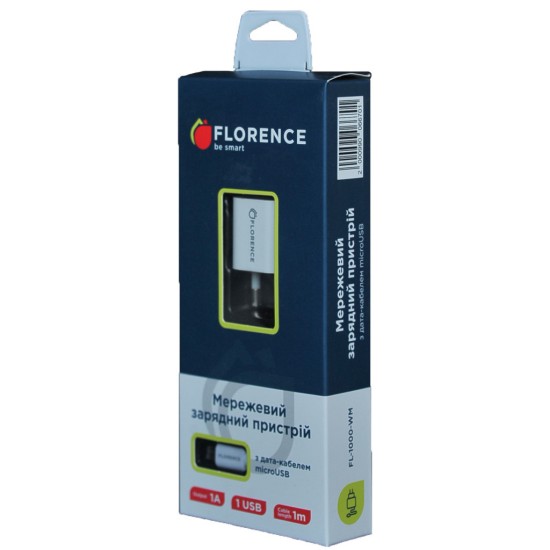 Зарядное устройство Florence 1USB 1A + microUSB cable white (FL-1000-WM) Зарядное устройство Florence 1USB 1A + microUSB cable white (FL-1000-WM)