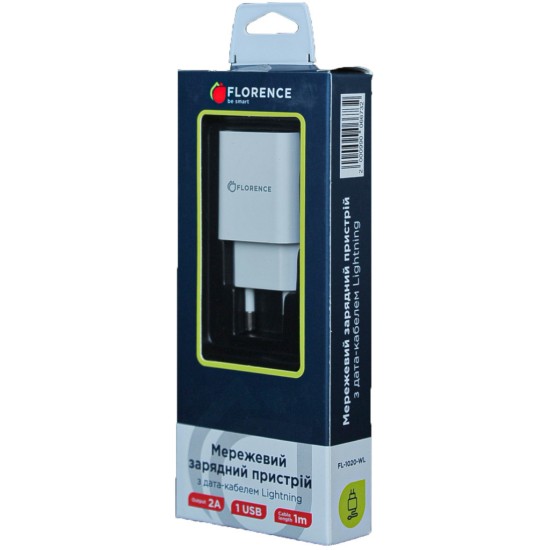 Зарядний пристрій Florence 1USB 2A + Lightning cable white (FL-1020-WL) Зарядний пристрій Florence 1USB 2A + Lightning cable white (FL-1020-WL)