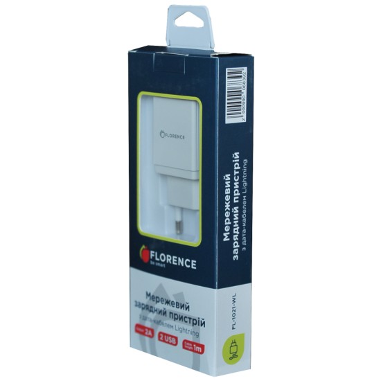 Зарядное устройство Florence 2USB 2A + Lightning cable white (FL-1021-WL) Зарядное устройство Florence 2USB 2A + Lightning cable white (FL-1021-WL)