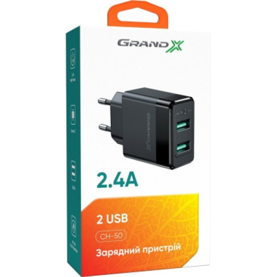 Зарядний пристрій Grand-X CH-50 2USB 5V 2,4A (CH-50) Зарядний пристрій Grand-X CH-50 2USB 5V 2,4A (CH-50)