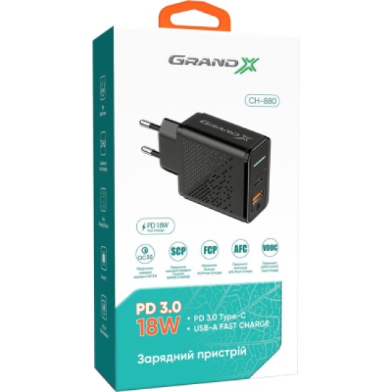 Зарядное устройство Grand-X Fast Сharge 6-в-1 PD 3.0, QС3.0, AFC,SCP,FCP,VOOC 1USB+1Type (CH-880) Зарядное устройство Grand-X Fast Сharge 6-в-1 PD 3.0, QС3.0, AFC,SCP,FCP,VOOC 1USB+1Type (CH-880)