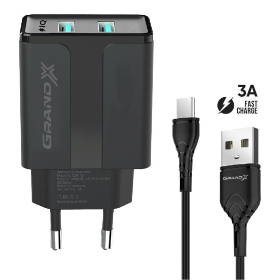 Зарядний пристрій Grand-X CH-15T 5V 2,4A 2USB Black + cable USB -> Type-C (CH-15T) Зарядний пристрій Grand-X CH-15T 5V 2,4A 2USB Black + cable USB -> Type-C (CH-15T)