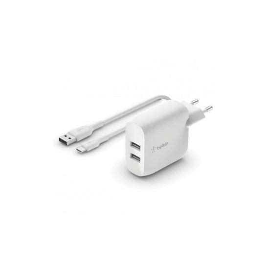 Зарядное устройство Belkin Home Charger (24W) DUAL USB 2.4A, USB-C cable 1m, white (WCE001VF1MWH) Зарядное устройство Belkin Home Charger (24W) DUAL USB 2.4A, USB-C cable 1m, white (WCE001VF1MWH)