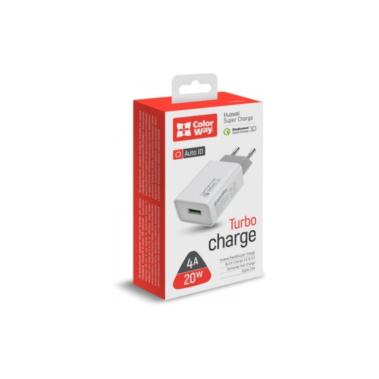 Зарядний пристрій ColorWay 1USB Huawei Super Charge/Quick Charge 3.0, 4A (20W) (CW-CHS014Q-WT) Зарядний пристрій ColorWay 1USB Huawei Super Charge/Quick Charge 3.0, 4A (20W) (CW-CHS014Q-WT)