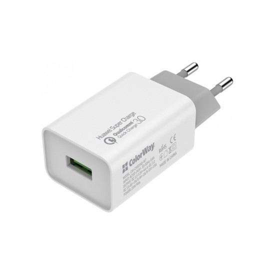 Зарядний пристрій ColorWay 1USB Huawei Super Charge/Quick Charge 3.0, 4A (20W) (CW-CHS014Q-WT) Зарядний пристрій ColorWay 1USB Huawei Super Charge/Quick Charge 3.0, 4A (20W) (CW-CHS014Q-WT)