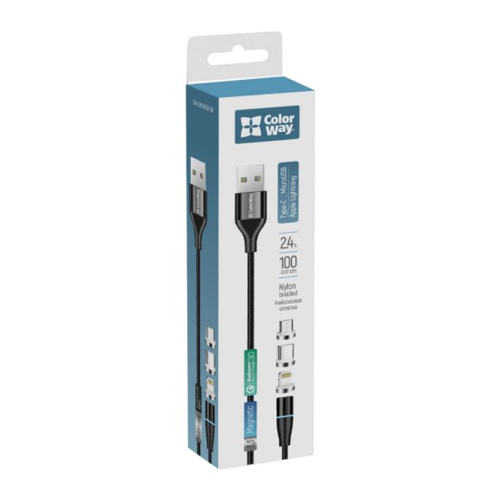 Дата кабель USB 2.0 AM to Lightning + Micro 5P + Type-C 1.0m Magnetic ColorWay (CW-CBUU038-BK) Дата кабель USB 2.0 AM to Lightning + Micro 5P + Type-C 1.0m Magnetic ColorWay (CW-CBUU038-BK)