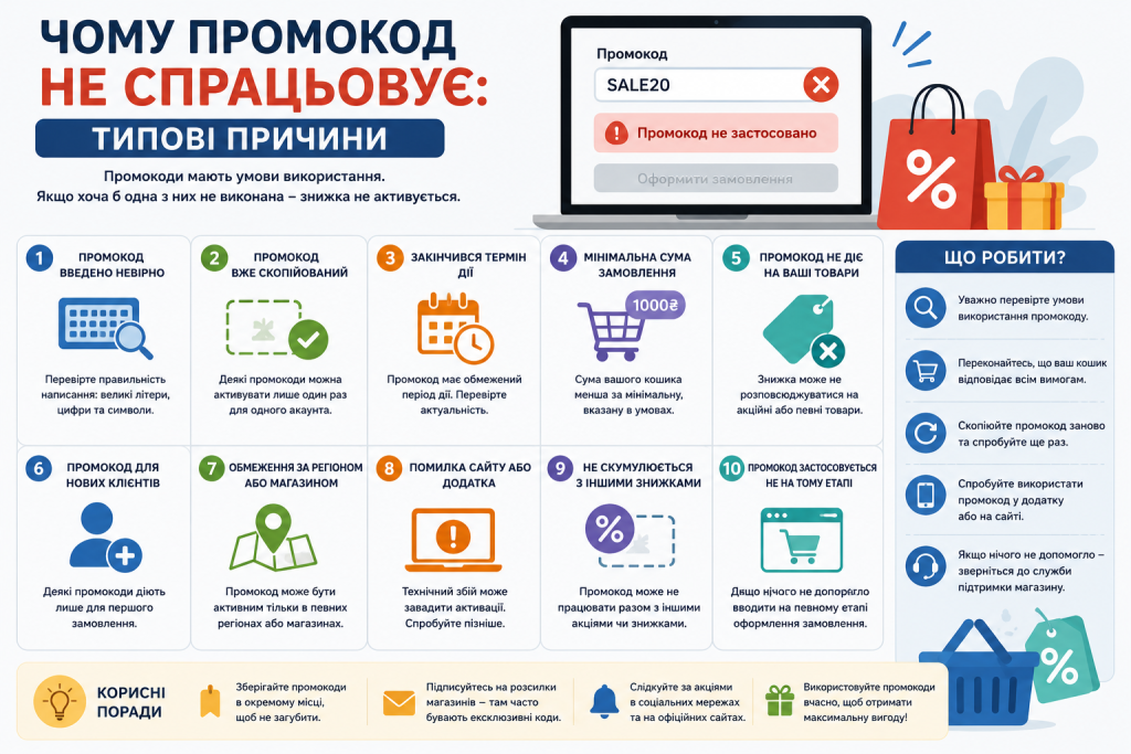 Інфографіка з основними причинами, через які промокод може не працювати під час оформлення замовлення.