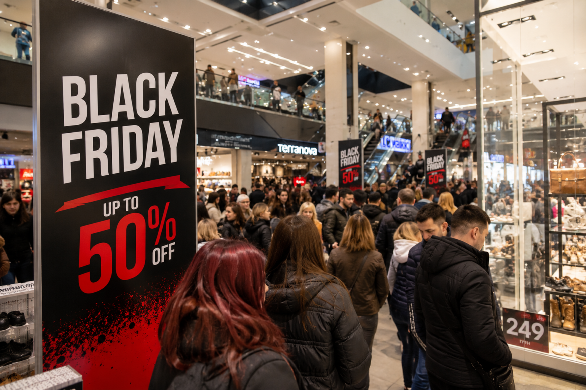 Черга покупців у торговельному центрі під час розпродажу Black Friday до -50%