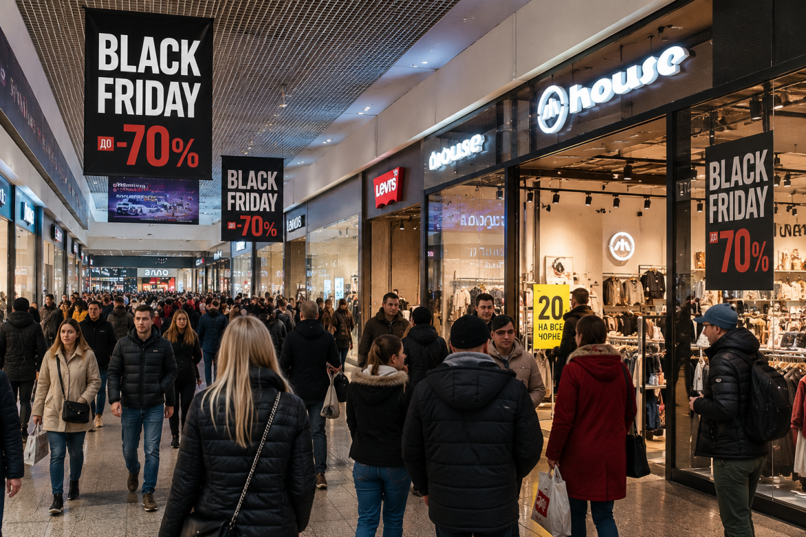 Натовп покупців у торговому центрі під час знижок Black Friday до -70%