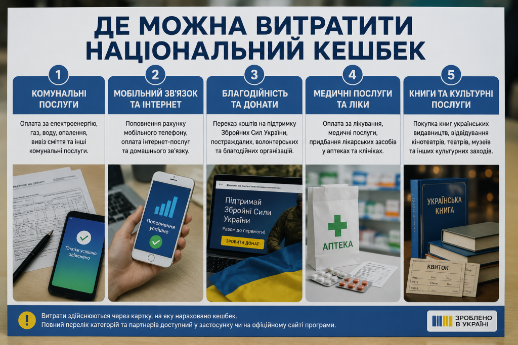 Інфографіка з категоріями використання національного кешбеку в Україні