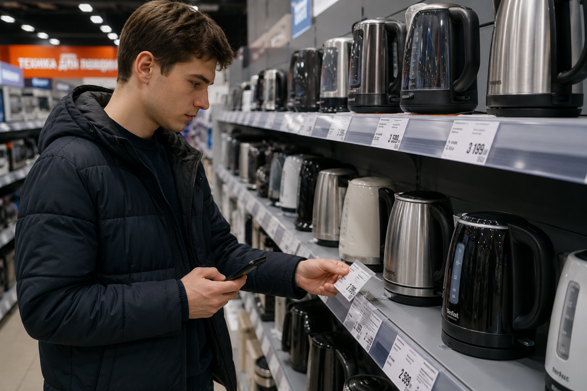 Чоловік перевіряє ціну на чайник у смартфоні, стоячи біля полиці магазину
