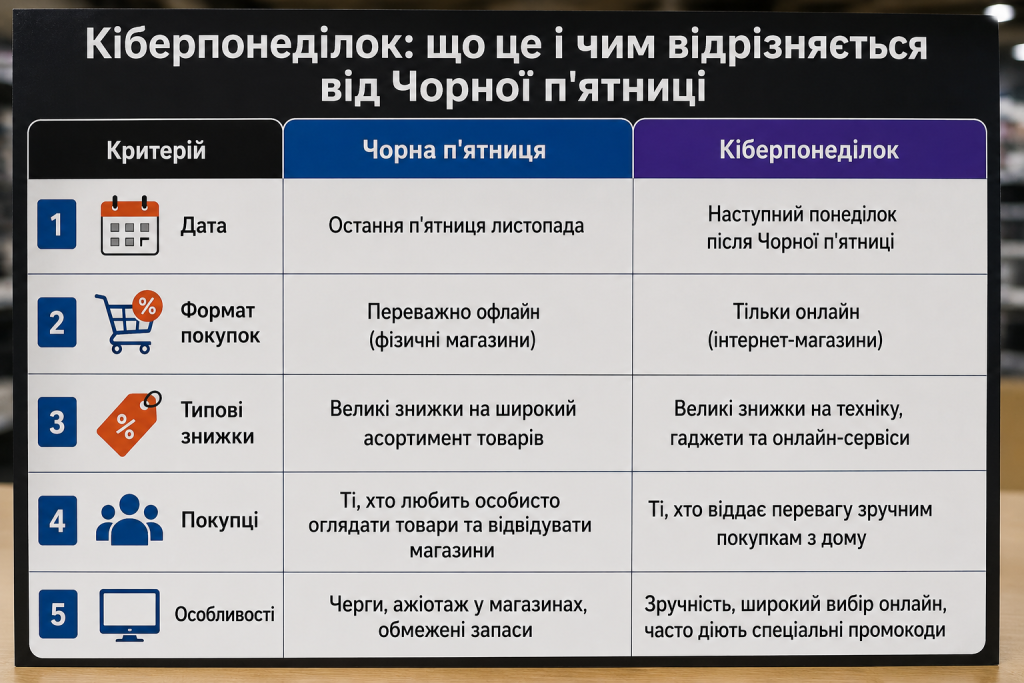 Порівняльна таблиця Чорної п'ятниці та Кіберпонеділка за датою, форматом і знижками