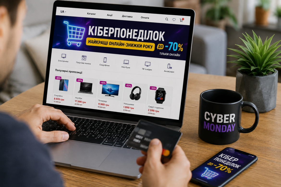 Чоловік робить онлайн-покупку під час акції Кіберпонеділок з карткою в руці