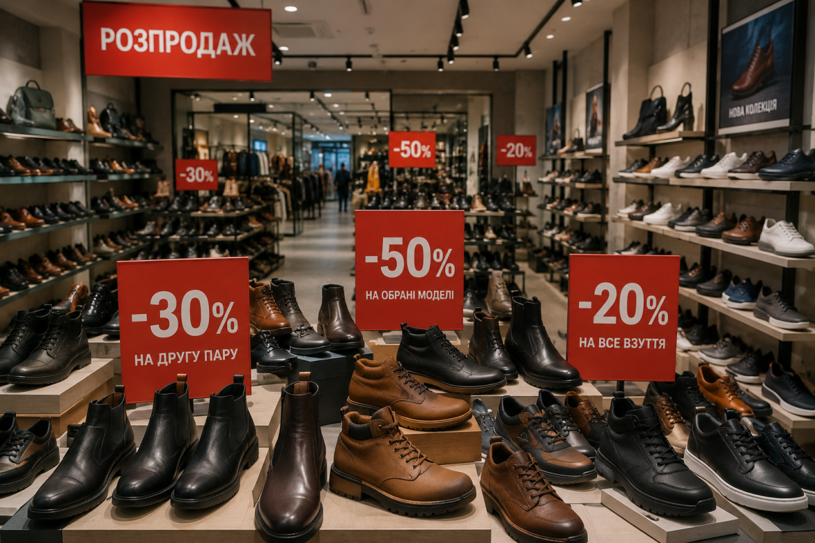Полиці магазину взуття з рекламними знижками -30%, -50%, -20%
