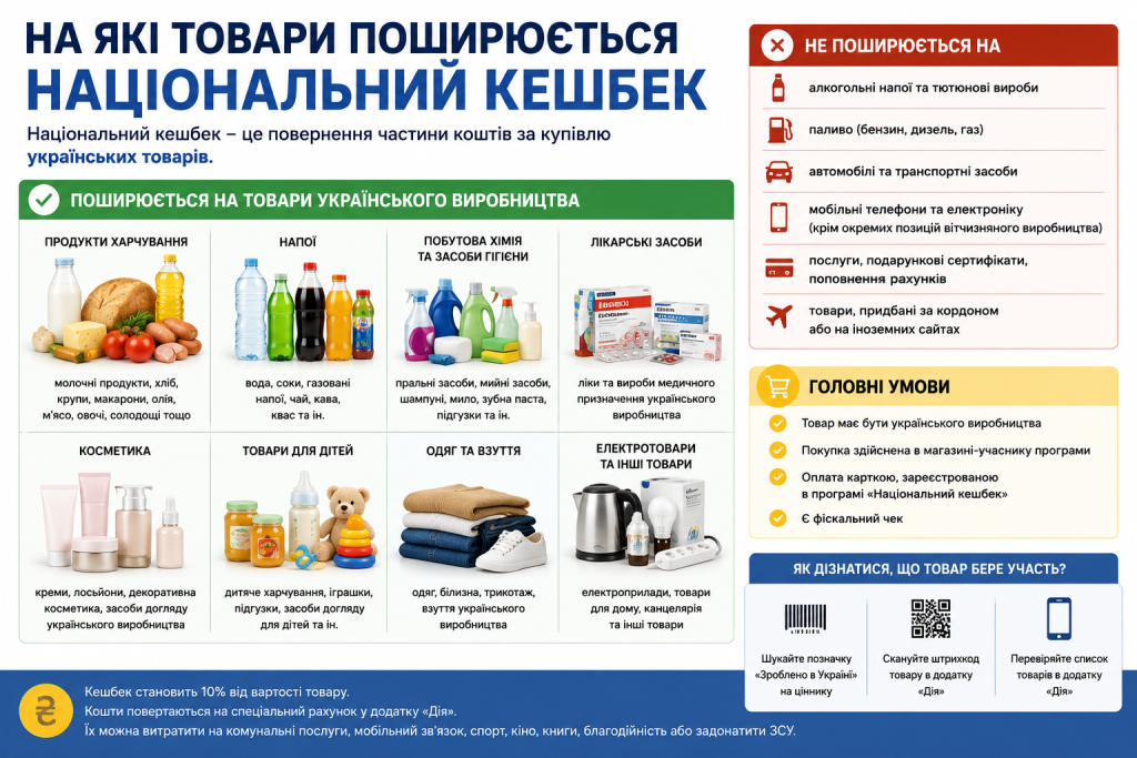 Інфографіка з переліком товарів, що беруть участь у програмі національного кешбеку в Україні.