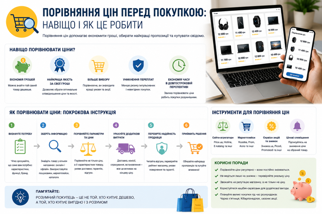 Інфографіка з покроковою інструкцією порівняння цін перед покупкою
