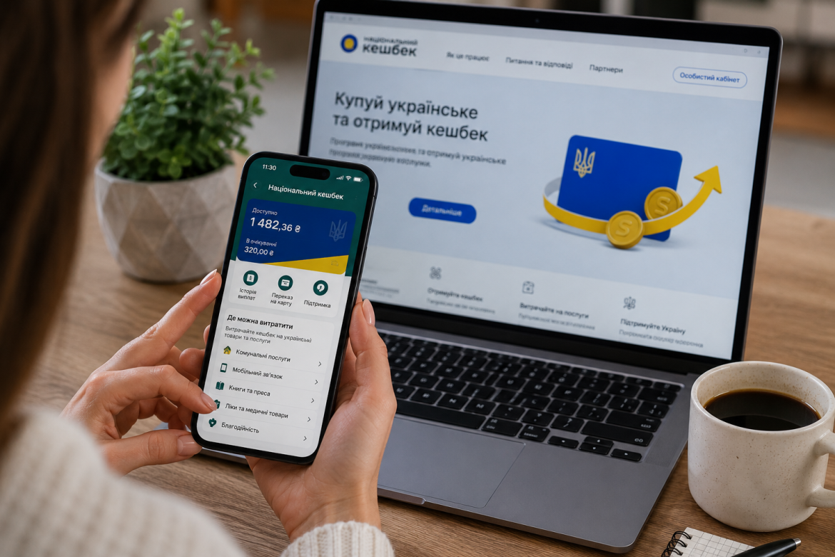 Дівчина переглядає баланс національного кешбеку в мобільному додатку