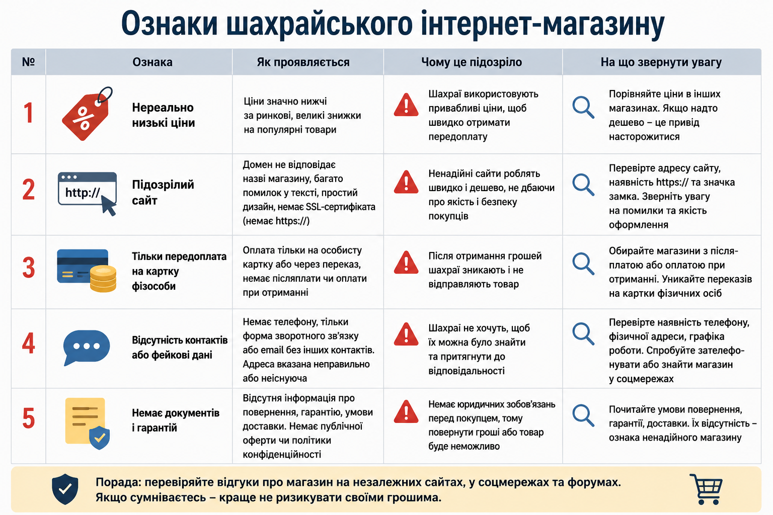 Таблиця з ознаками шахрайського інтернет-магазину та порадами для покупців