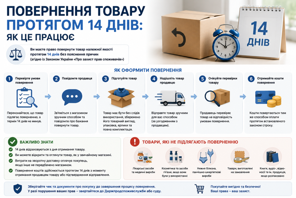 Інфографіка про порядок повернення товару протягом 14 днів згідно із законом