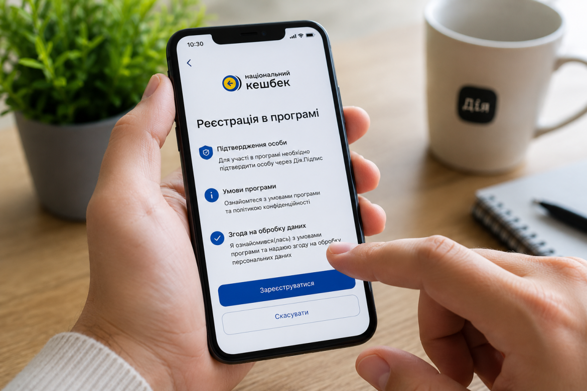 Екран реєстрації в програмі національного кешбеку на смартфоні
