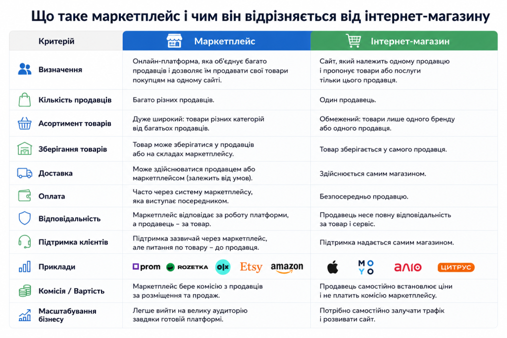 Порівняльна таблиця маркетплейсу та інтернет-магазину за ключовими критеріями