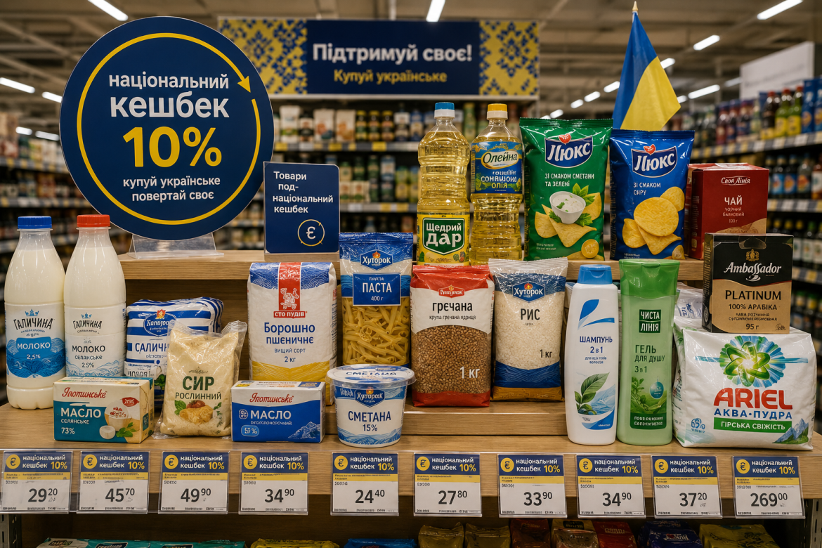 Вітрина магазину з українськими товарами, які беруть участь у програмі національного кешбеку.