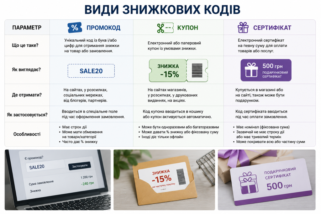 Порівняльна таблиця видів знижкових кодів — промокод, купон та сертифікат