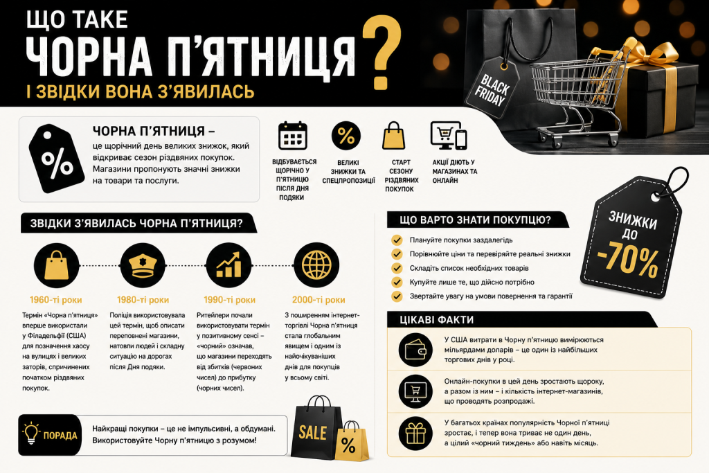 Інфографіка про історію виникнення Чорної п'ятниці та поради покупцям