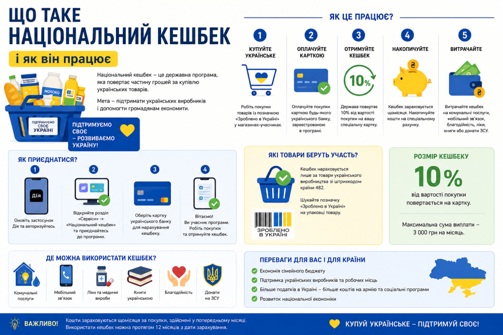 Інфографіка про принцип роботи національного кешбеку за покупку українських товарів