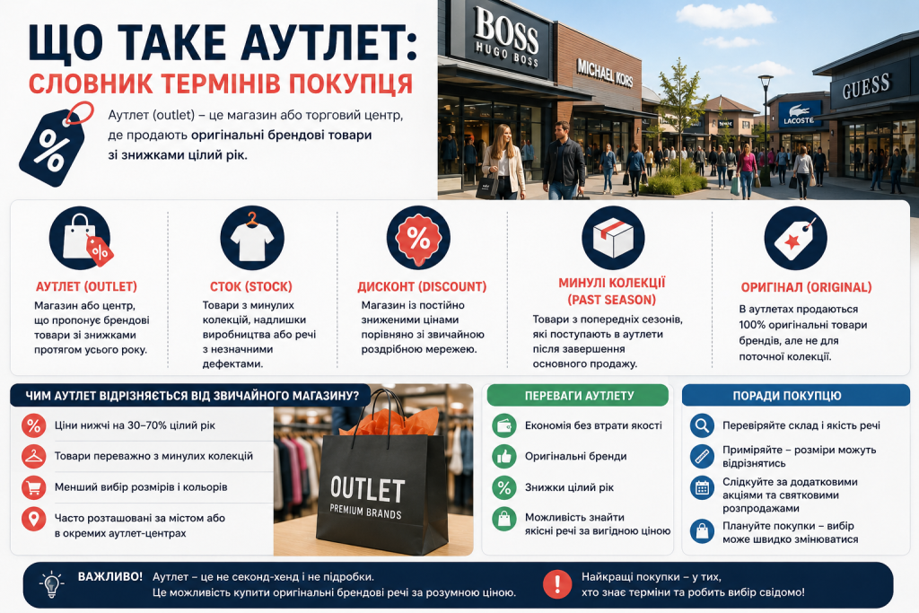 Інфографіка з поясненням термінів аутлет, сток, дисконт для покупців