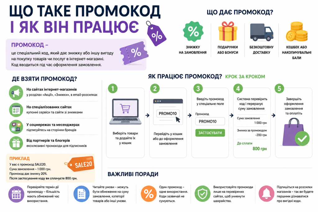 Інфографіка з поясненням принципу дії промокоду та кроками його застосування
