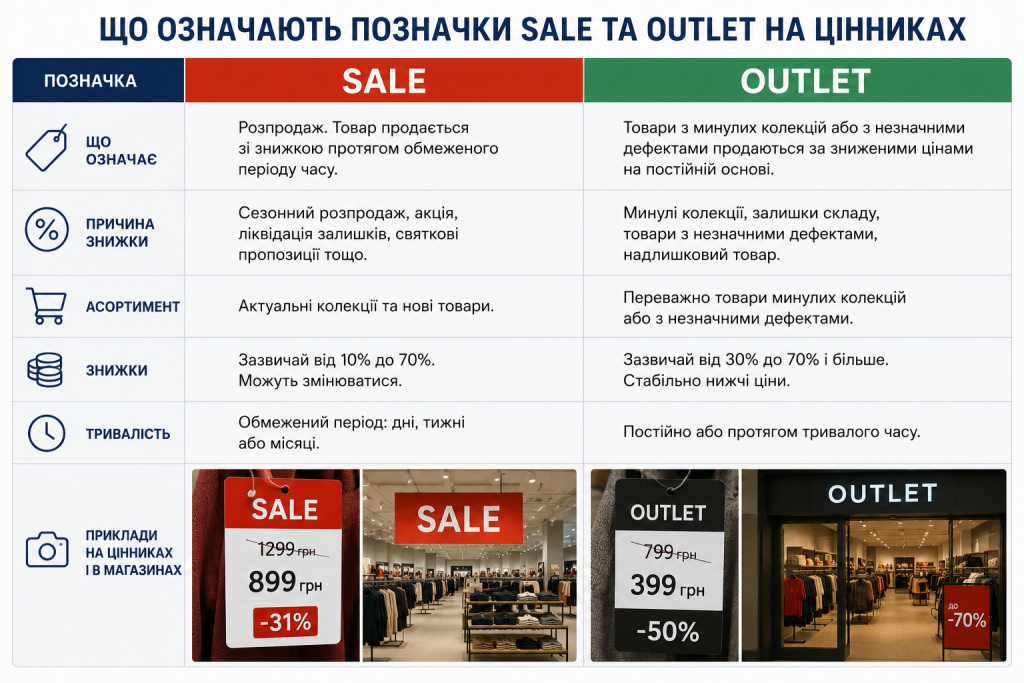 Інфографіка з порівнянням позначок Sale та Outlet, їх особливостей, тривалості акцій і розміру знижок.
