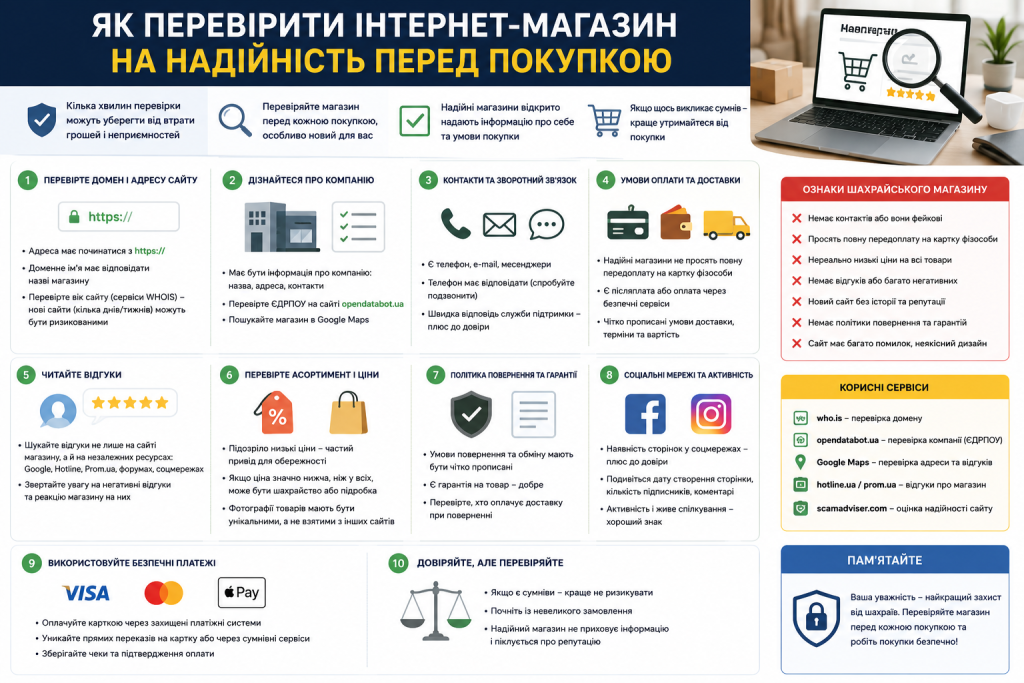 Інфографіка з кроками перевірки надійності інтернет-магазину та ознаками шахрайства