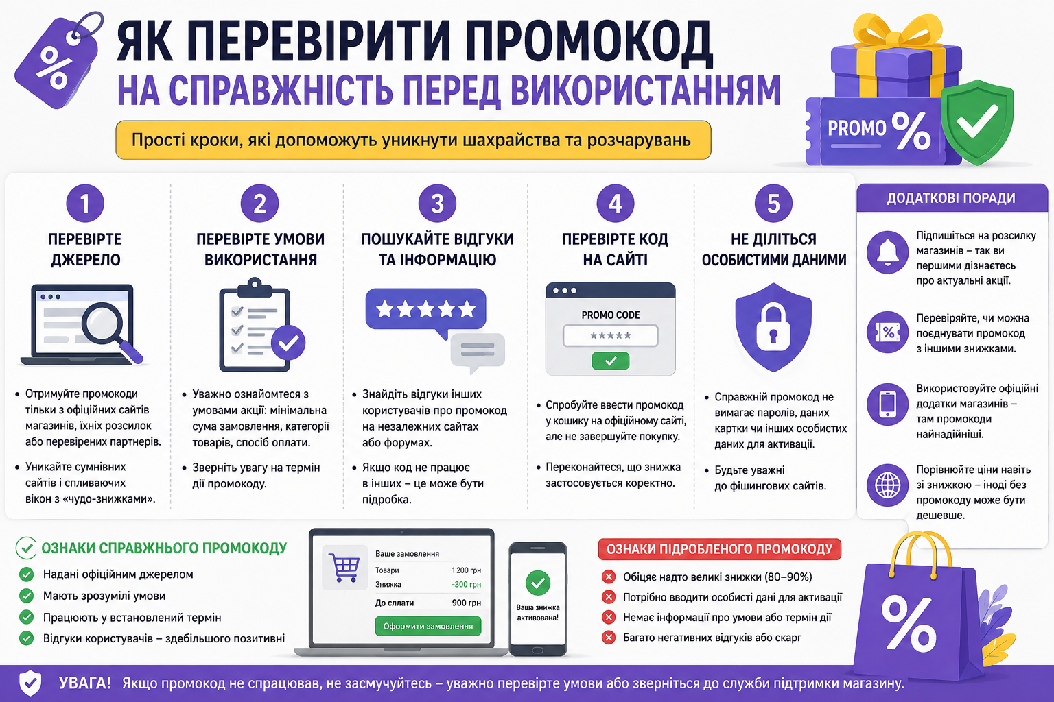 Інфографіка з кроками перевірки промокоду та ознаками шахрайства
