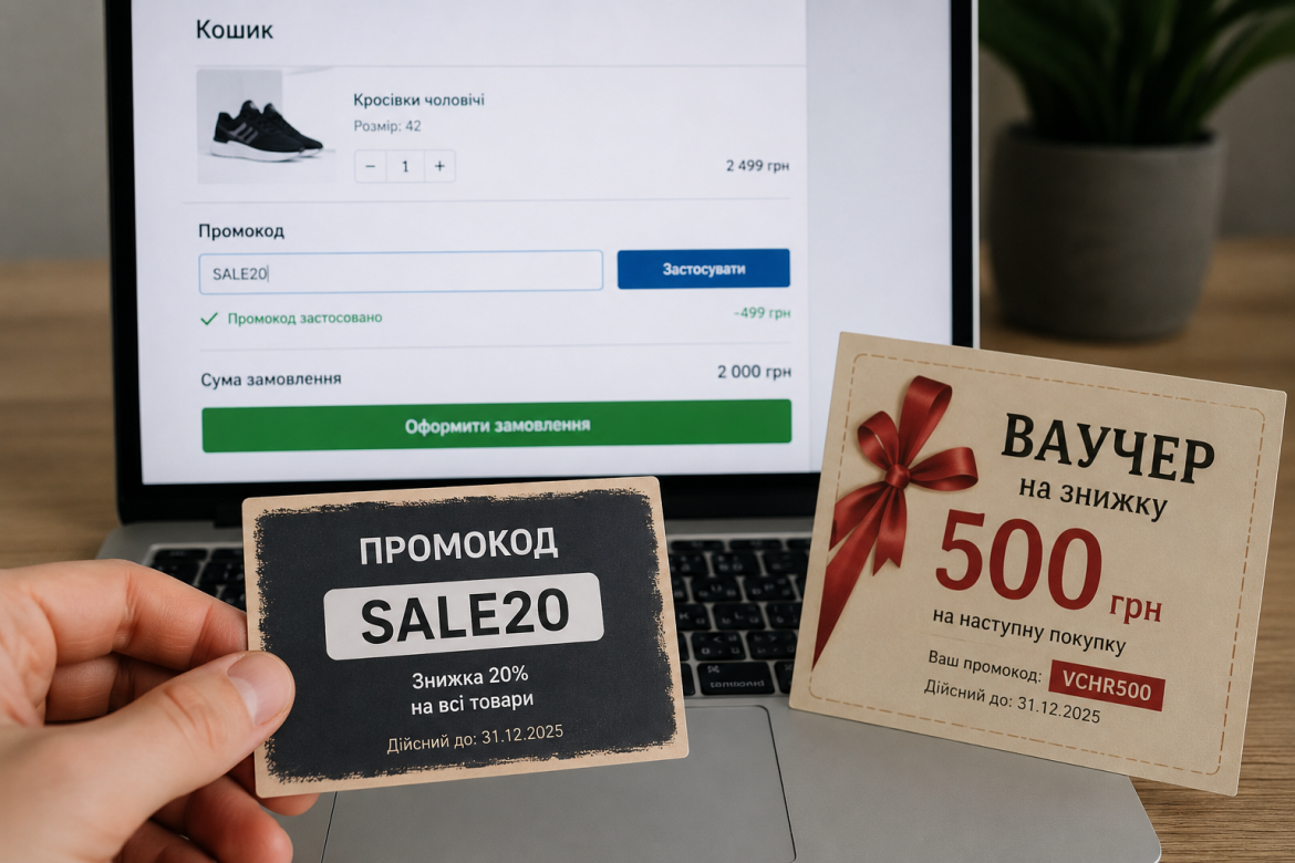 Картка з промокодом SALE20 та подарунковий ваучер на знижку 500 грн