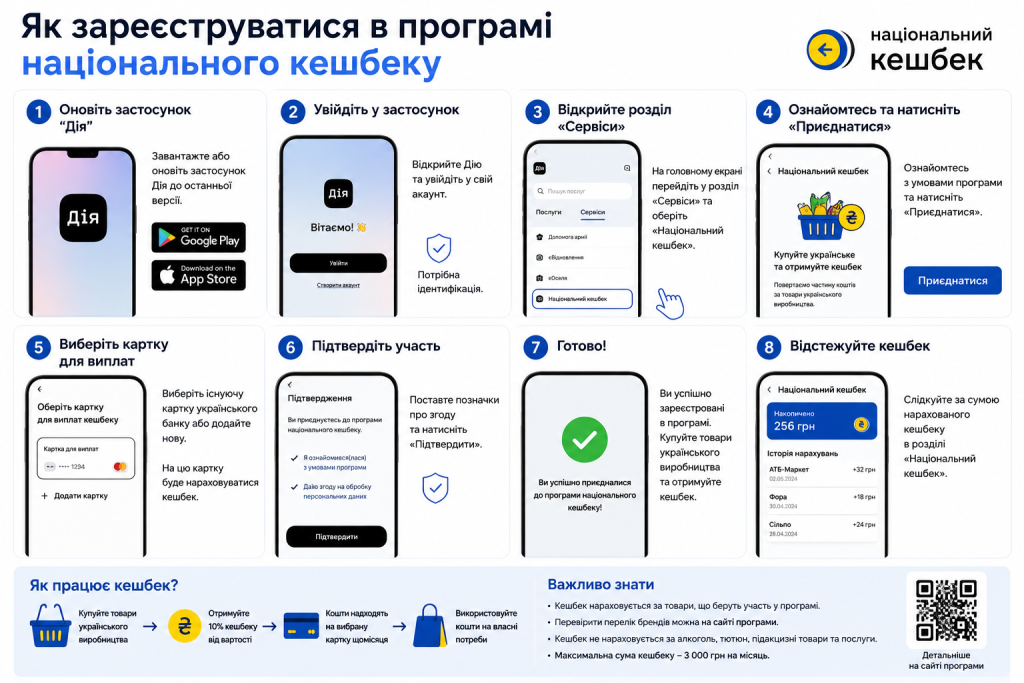 Покрокова інфографіка реєстрації в програмі національного кешбеку через застосунок Дія