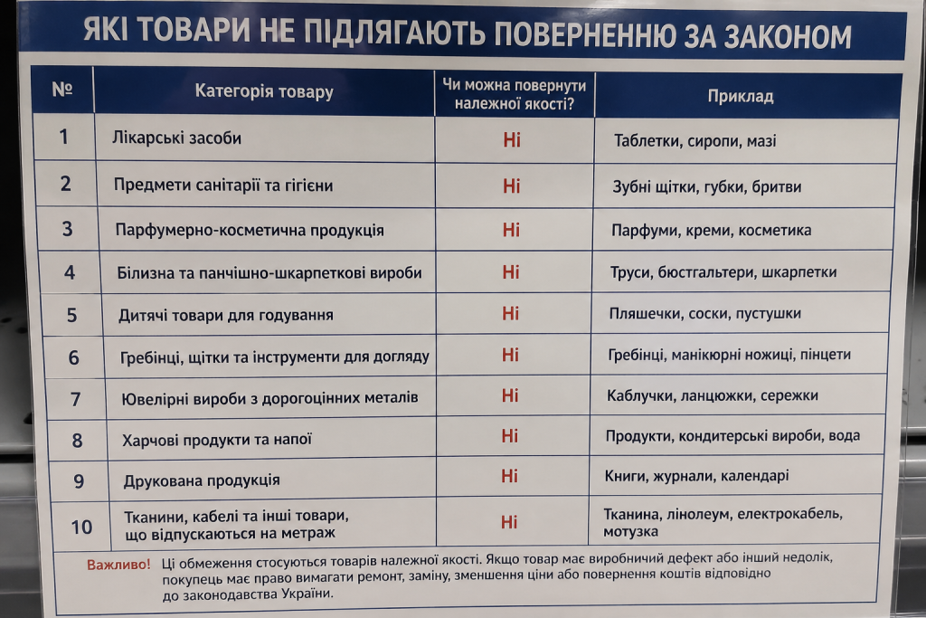 Таблиця з переліком категорій товарів, які не підлягають поверненню