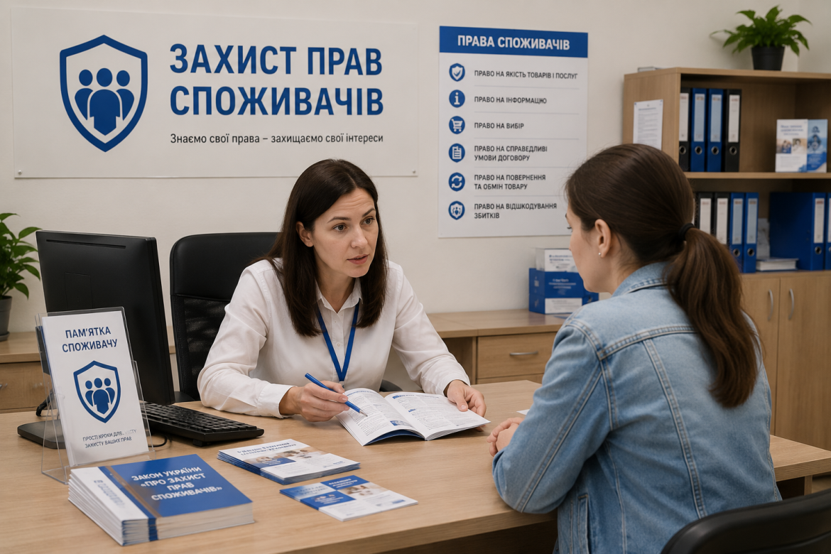 Консультантка роз'яснює клієнтці права споживача в офісі захисту прав