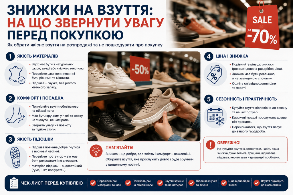 Інфографіка з порадами щодо вибору якісного взуття на розпродажі