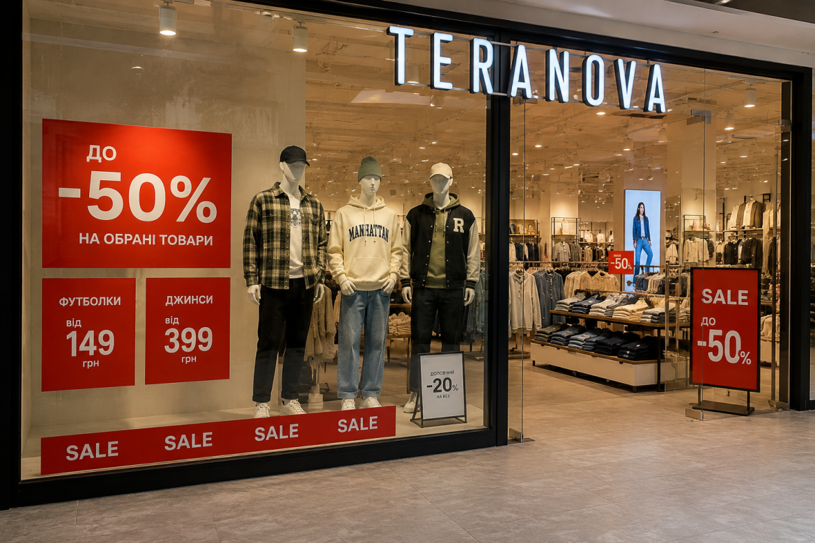 Вітрина магазину одягу Teranova з манекенами та знижками до -50%