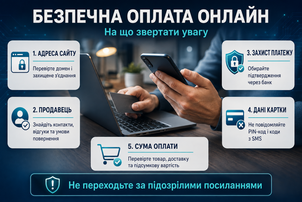 Покупець оплачує товар банківською карткою через смартфон і ноутбук під час онлайн-покупки
