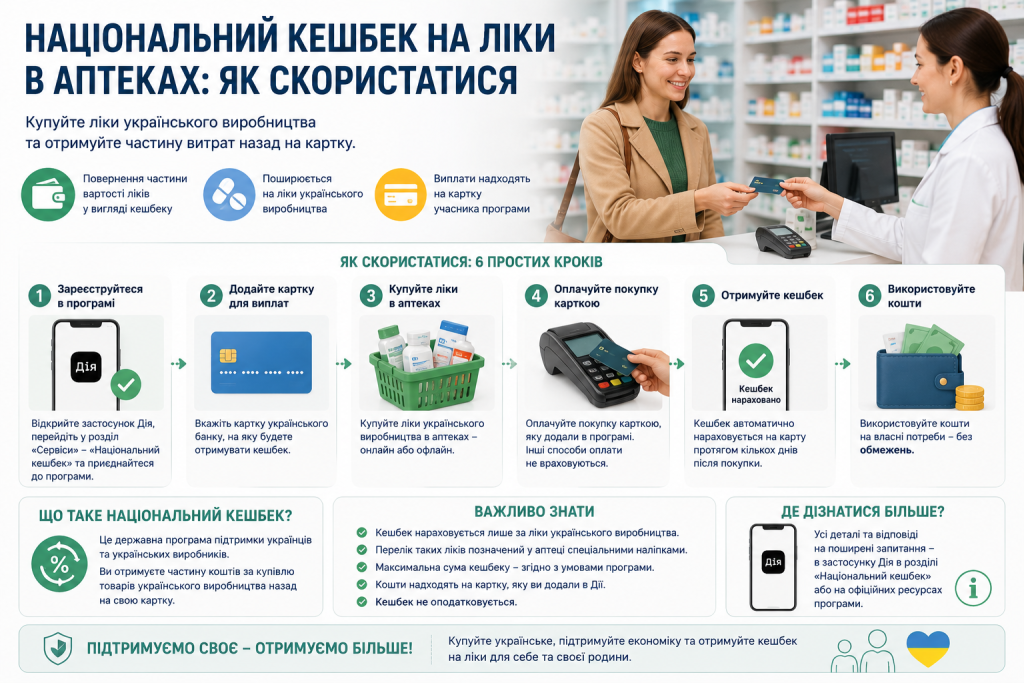 Інфографіка з покроковою інструкцією отримання Національного кешбеку за купівлю ліків українського виробництва.